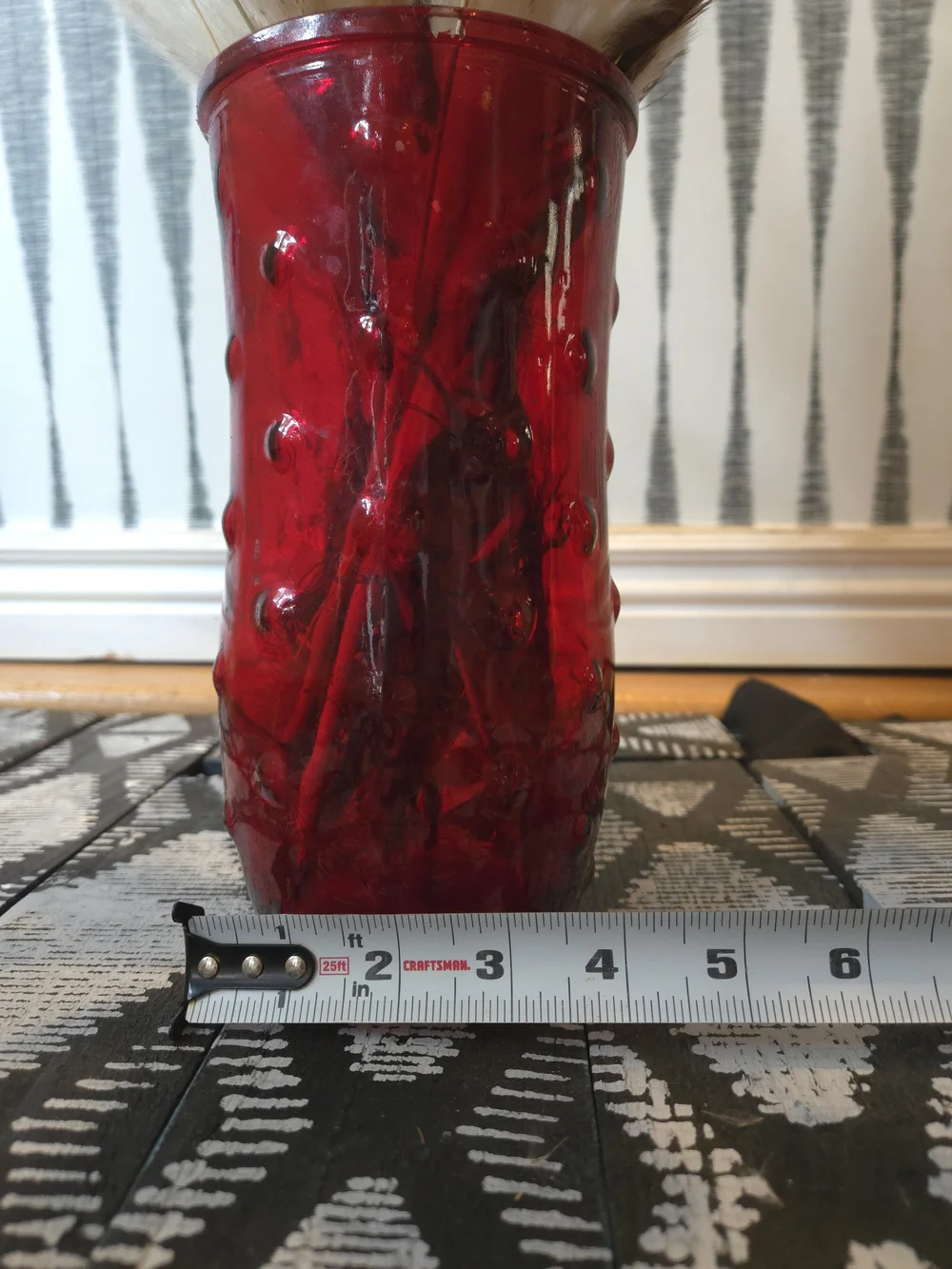 Vintage Ruby Red Embossed Glass Vase – Textured Cylinder Flower Vase Home Décor